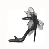 Lace Mesh Bow Open Toe Ankle Strap Thin High Heels